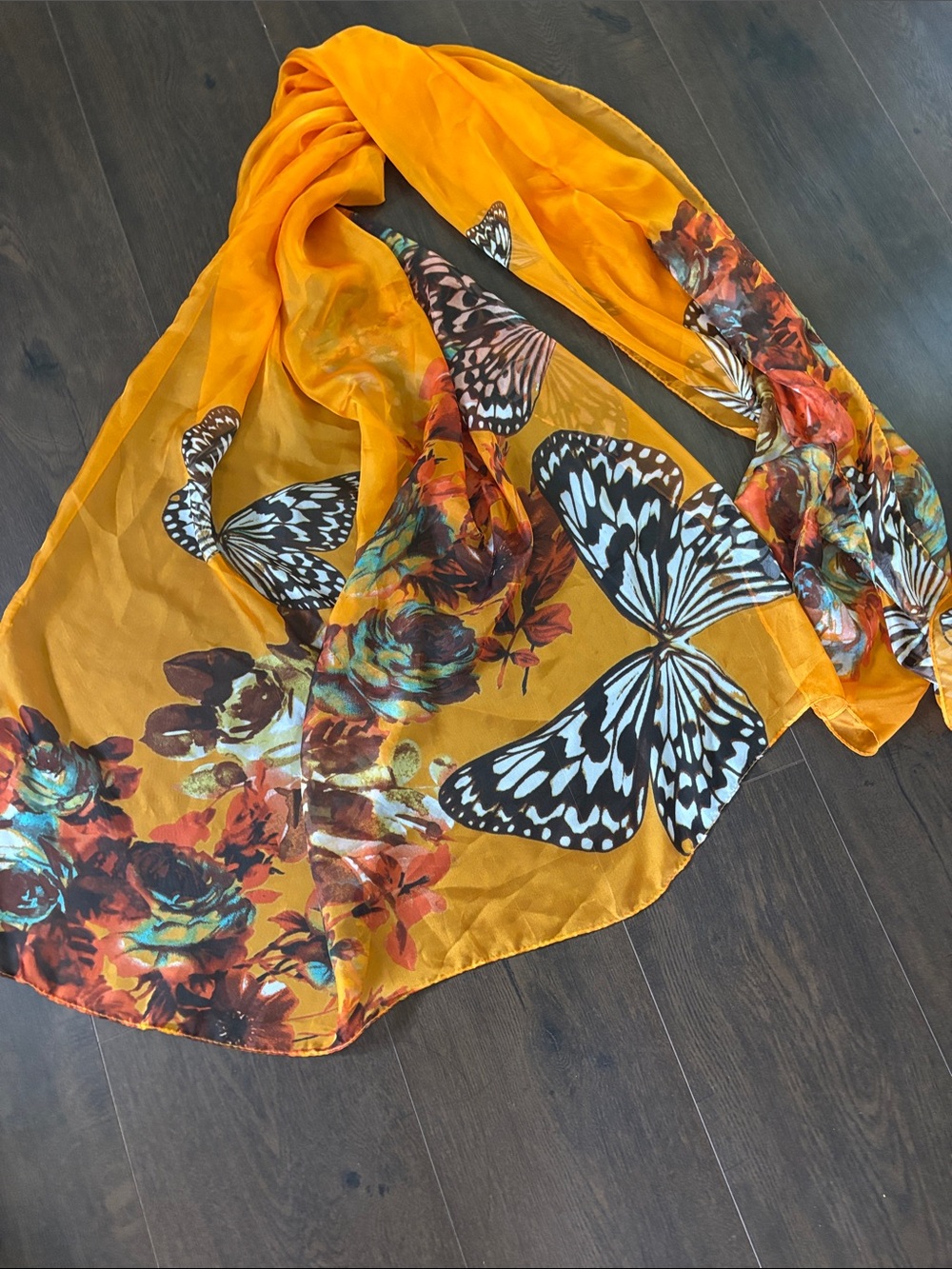 Butterfly & Floral Orange Chiffon Scarf